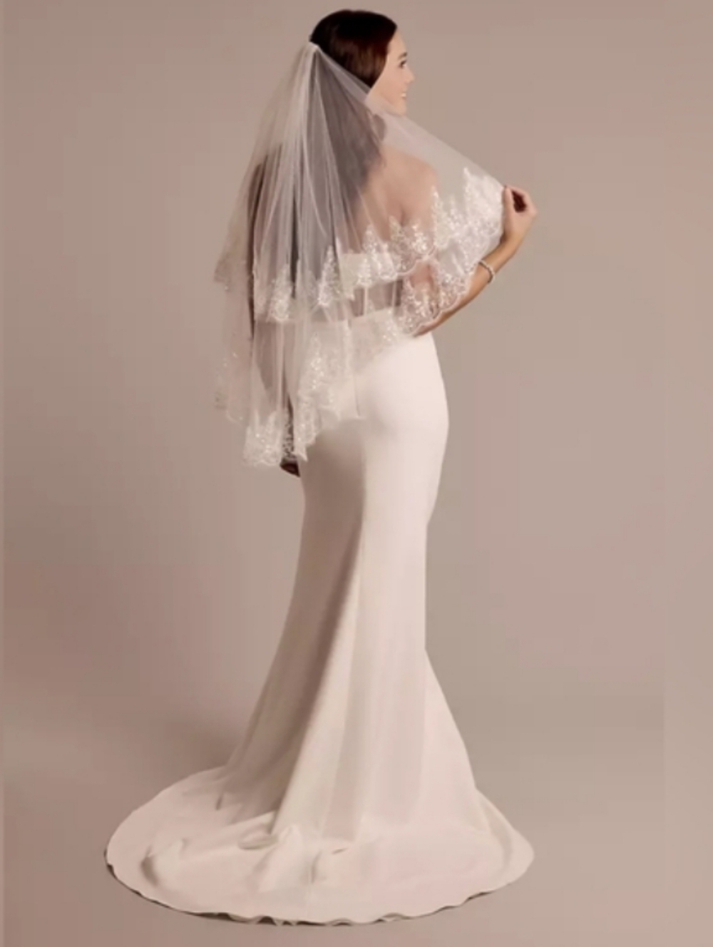 David's Bridal White Two Tier Lace Tulle Embellished Bridal Veil - Picture 3 of 17